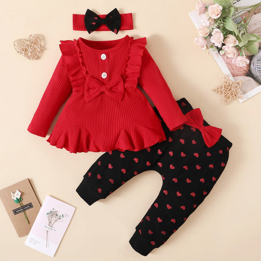 3Pcs Toddler Baby Girl Clothes Sets Bowknot Red Top Love Printed Trousers Casual Infant Outfits Newborn Baby Clothes 3M 6M 12M